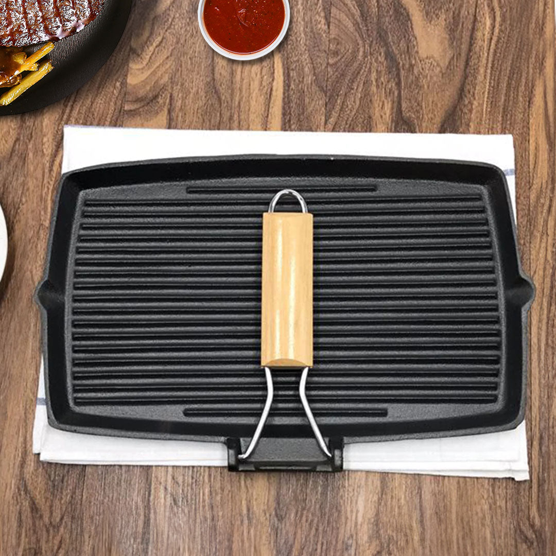 SOGA 2-Pack 20.5cm Rectangular Cast Iron Griddle Pans with Folding Wooden Handles