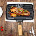 SOGA 2-Pack 20.5cm Rectangular Cast Iron Griddle Pans with Folding Wooden Handles