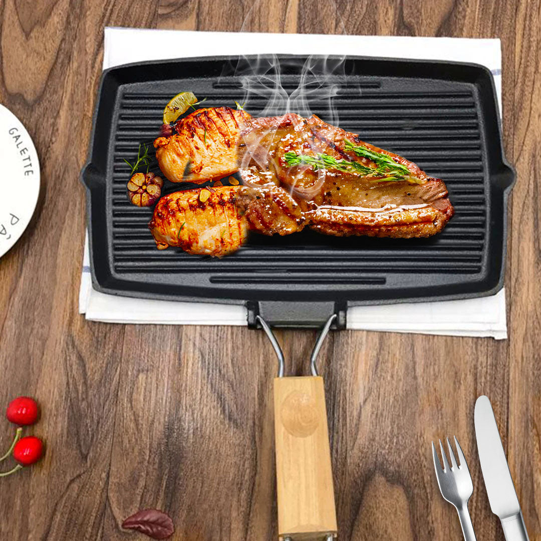 SOGA 2-Pack 20.5cm Rectangular Cast Iron Griddle Pans with Folding Wooden Handles