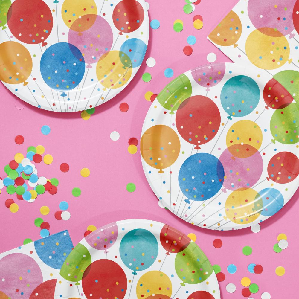 Bulk Birthday Confetti Balloons Paper Dinner Plates (96 per Case)