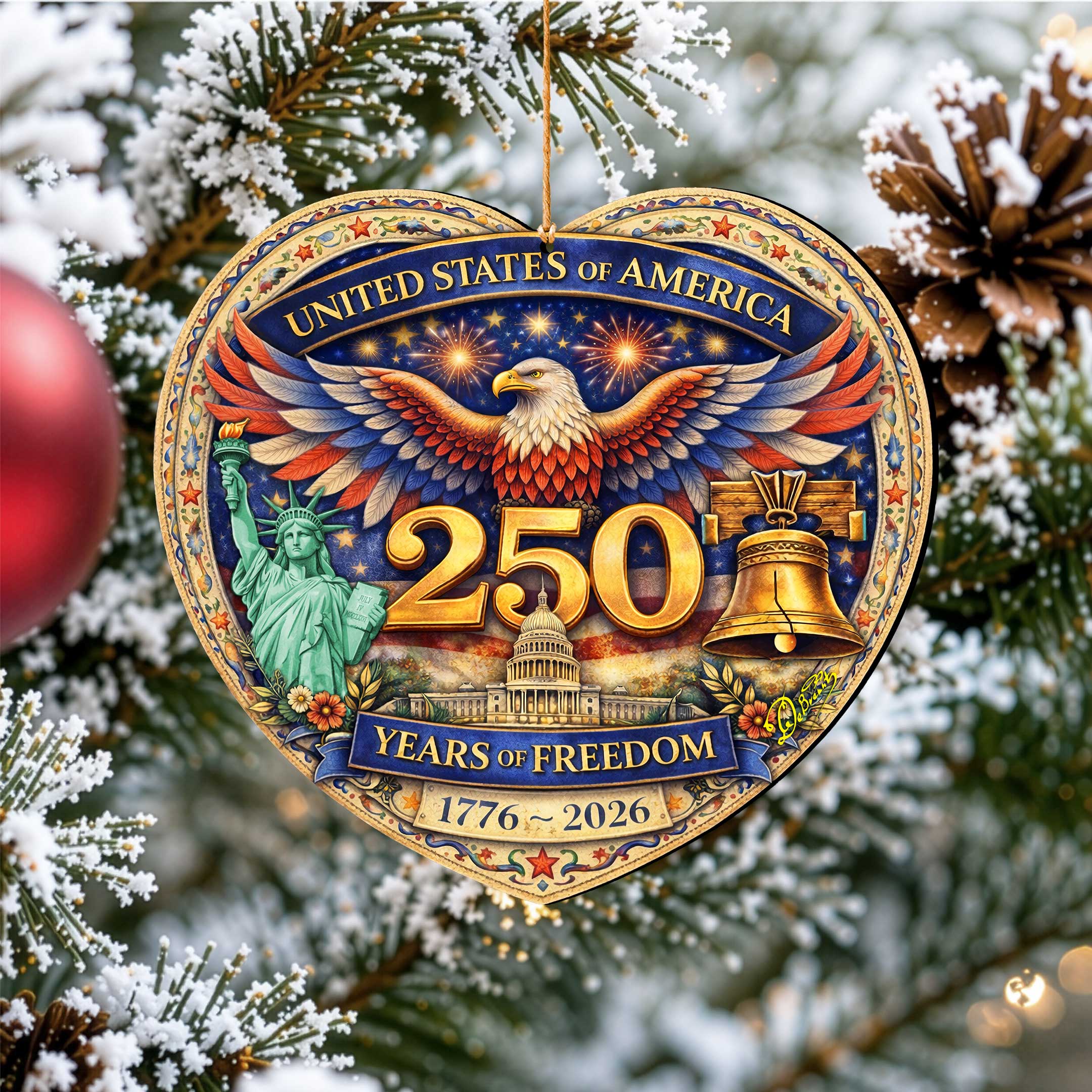 USA 250 Years of Freedom Wooden Ornament – Patriotic Eagle Christmas Ornament 1776–2026 by G. DeBrekht - American Patriotic Decor – 8652897