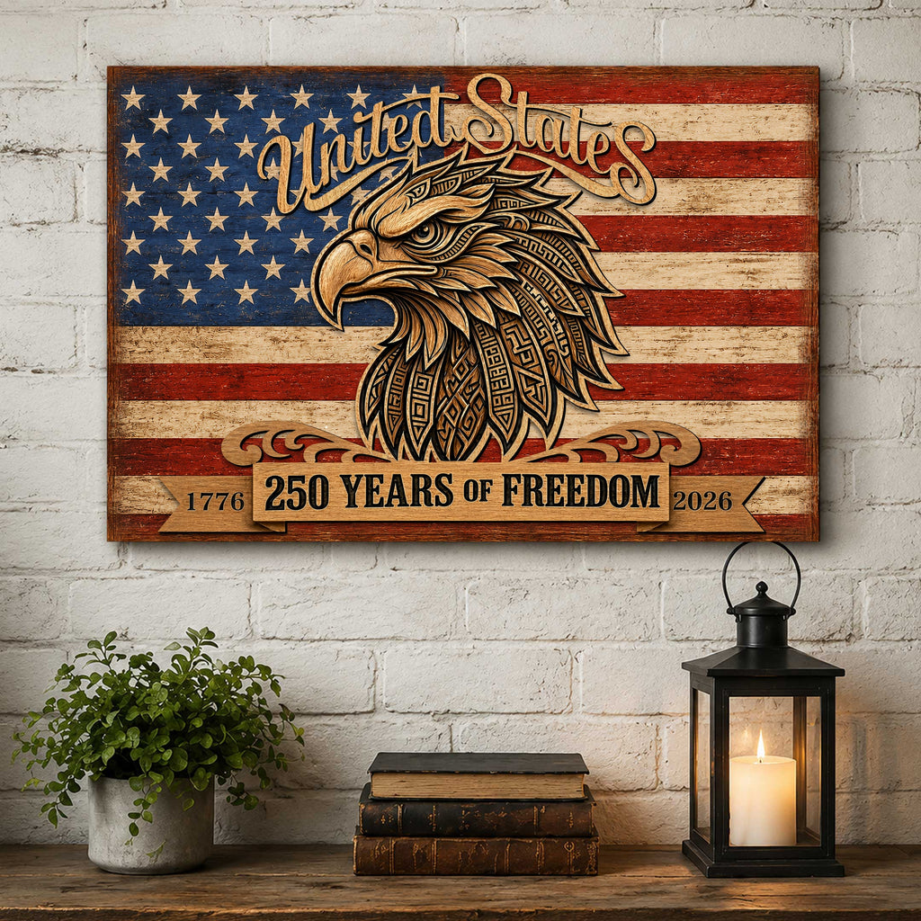 United States 250 Years of Freedom Wall Art – Patriotic Eagle American Flag Decor – Rustic USA Wall Sign by G. Debrekht - 8652876B