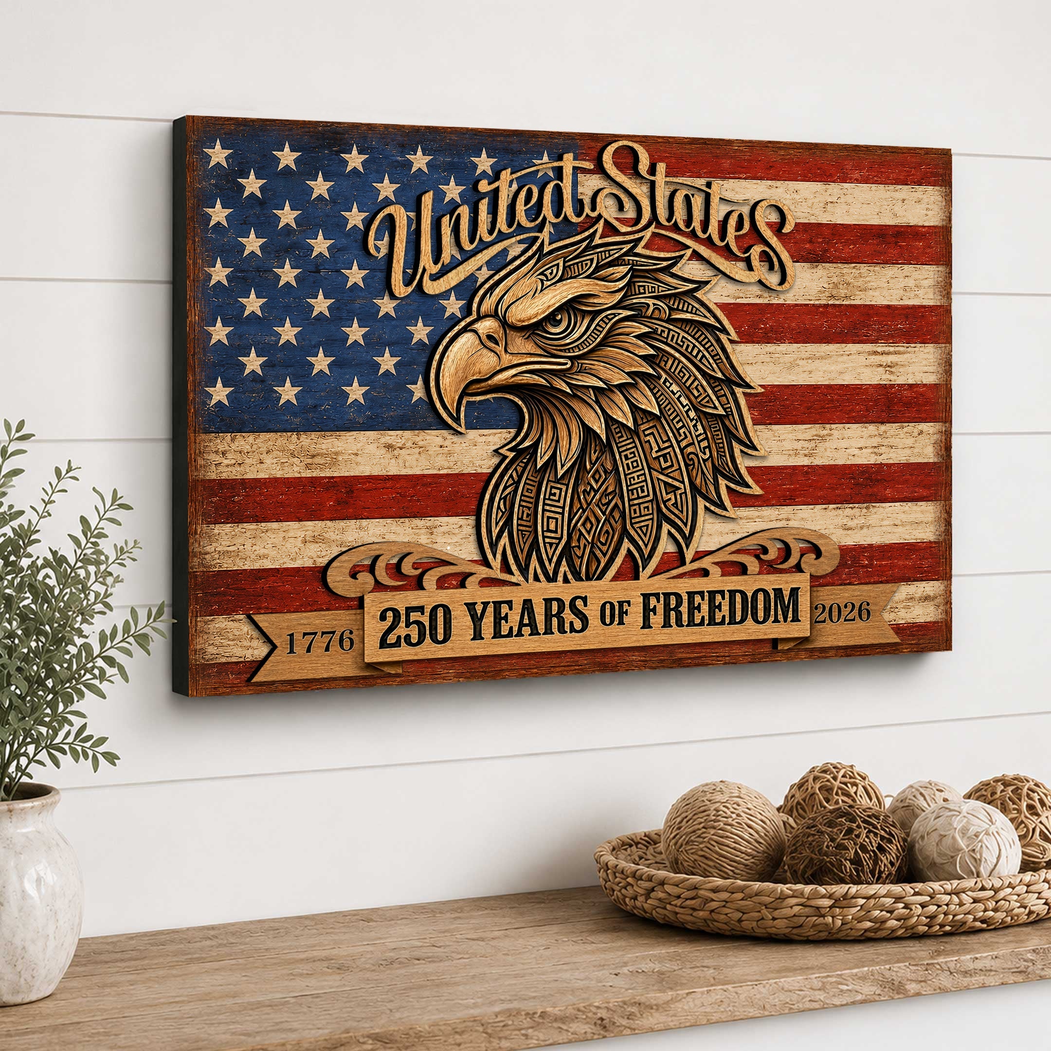 United States 250 Years of Freedom Wall Art – Patriotic Eagle American Flag Decor – Rustic USA Wall Sign by G. Debrekht - 8652876B