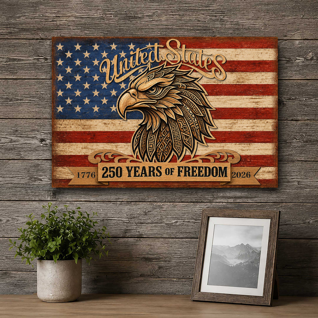 United States 250 Years of Freedom Wall Art – Patriotic Eagle American Flag Decor – Rustic USA Wall Sign by G. Debrekht - 8652876B