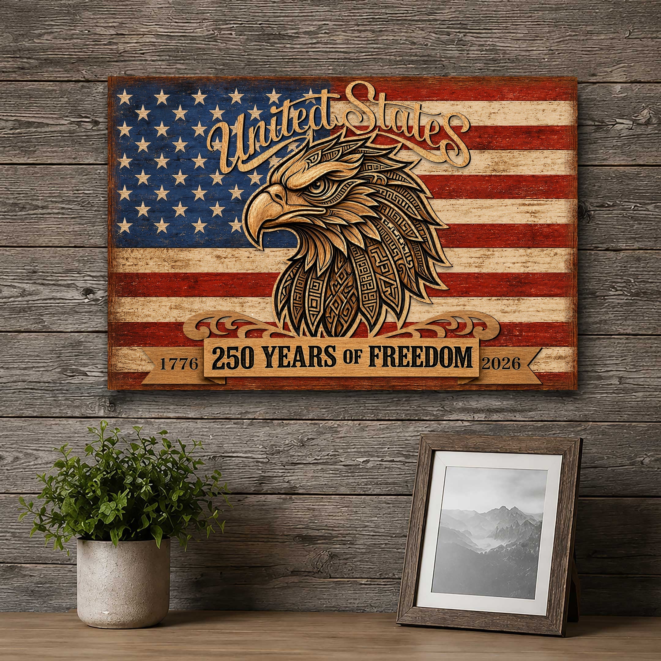 United States 250 Years of Freedom Wall Art – Patriotic Eagle American Flag Decor – Rustic USA Wall Sign by G. Debrekht - 8652876B