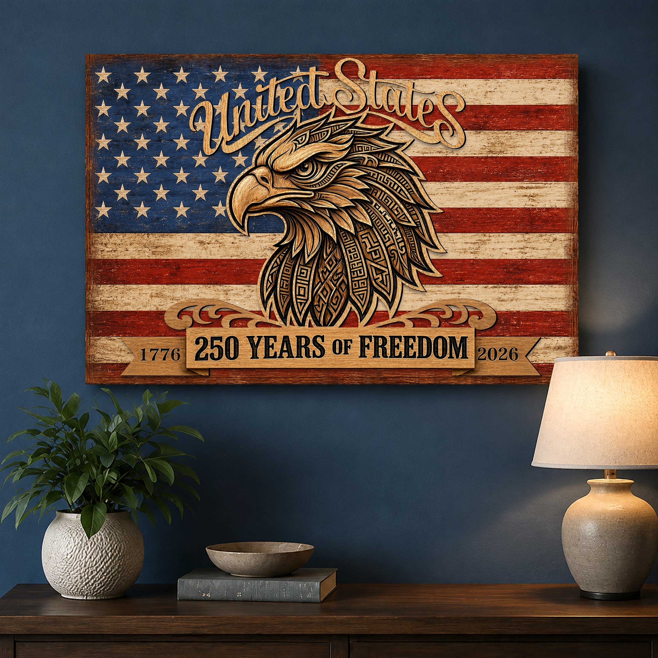 United States 250 Years of Freedom Wall Art – Patriotic Eagle American Flag Decor – Rustic USA Wall Sign by G. Debrekht - 8652876B