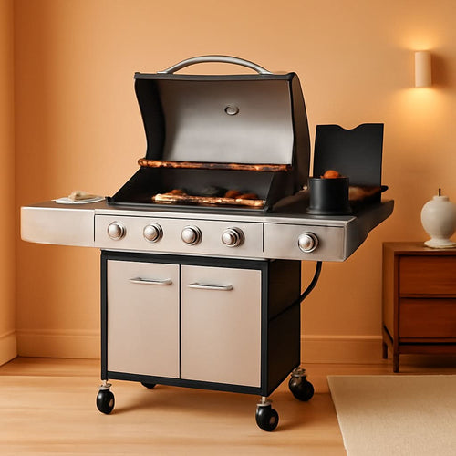 4-Burner Propane Gas BBQ Grill with Side Burner and Porcelain-Enameled Cast Iron Grates, Stainless Steel Barbecue Grills Outdoor Cooking, Silver Cabinet Style, 42,000 BTU